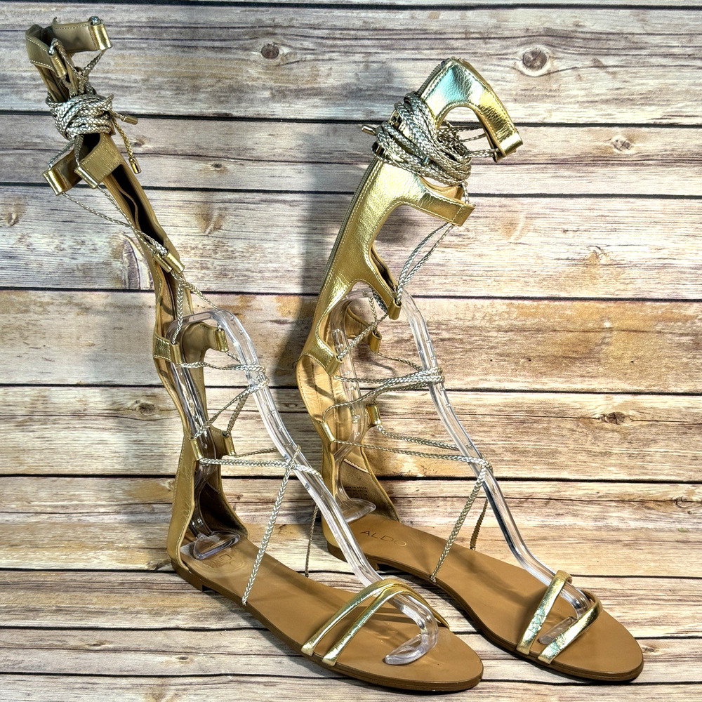 Aldo Womens Gold Leather Gladiator Lace Up Open Toe Sandals 9